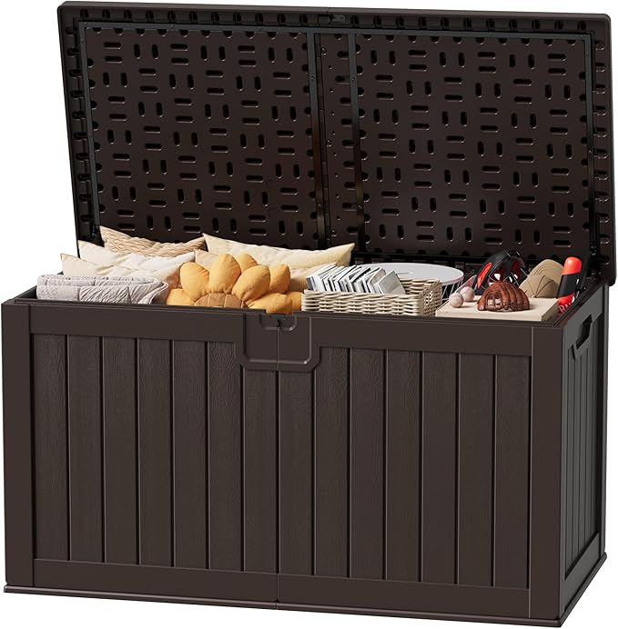 JUMMICO 250 Gallon Outdoor Resin Deck Box with Divider, Waterproof Storage Box with Lockable Lid&Side Handles for Garden Tools, Pools Supplies (Brown)-Ruum Studio Home