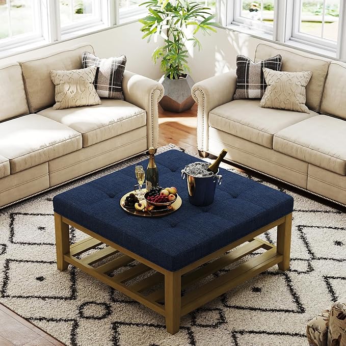 Large Square Ottoman Coffee Table, Linen Solid Upholstered Footrest Ottoman with Solid Wood Shelf Storage Tufted Coffee Table for Bedroom Living Room, Navy Blue-Ruum Studio Home