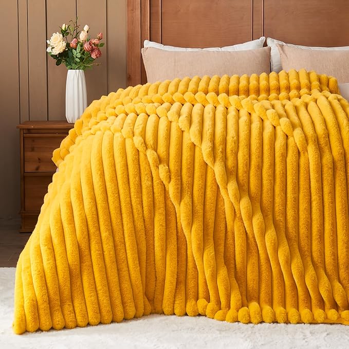NEWCOSPLAY Faux Fur Throw Blanket Mustard Yellow 3D Ribbed Plush Thick Warm Blanket for Couch Sofa Bed 850GSM (Mustard Yellow Ribbed, Throw(50"x60"))-Ruum Studio Home