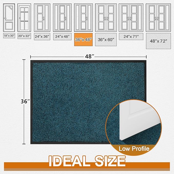 Mibao Front Door Mat, Dirt Trapper Welcome Mat for Outdoor Indoor, Non-Slip Waterproof Doormat, Durable Machine Washable Low Profile Entry Rug for Back Door Outside Patio Porch, 48" x 36", Blue-Ruum Studio Home