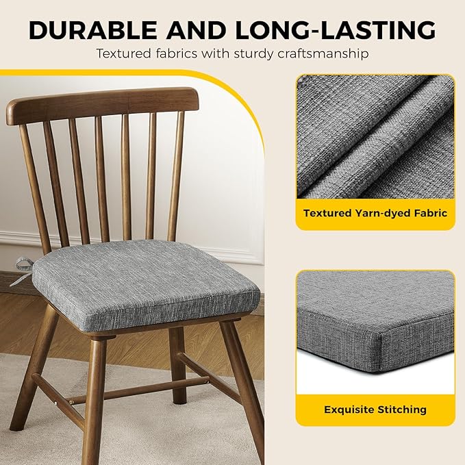 downluxe Indoor Chair Cushions for Dining Chairs, Soft and Comfortable Textured Foam Kitchen Chair Pads with Ties and Non-Slip Backing, 16" x 16" x 2", Dark Grey, 2 Pack-Ruum Studio Home