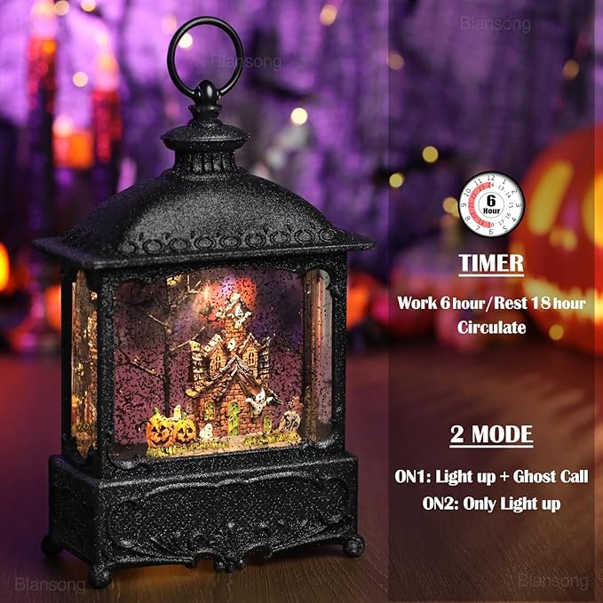 Halloween Snow Globe Lantern Ghost Snow Globe Halloween Decorations for Home Haunted House Pumpkin Ghost Tree Crow Rip Dancing Bats with Timer, USB and Battery Powered 12 inch-Ruum Studio Home
