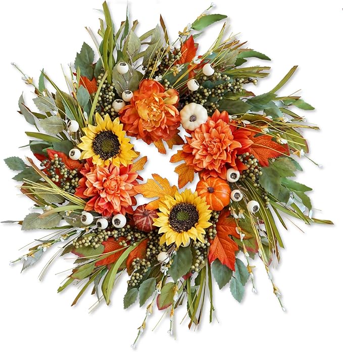 Fall Wreaths for Front Door 24 Inch Fall Wreath with Pumpkins, Sunflowers & Berries – Outdoor Autumn Wreath for Porch, Thanksgiving, Halloween & Harvest Decor-Ruum Studio Home
