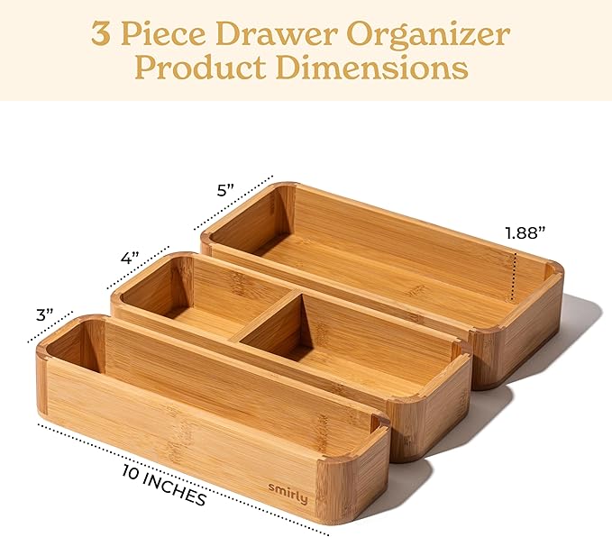 SMIRLY 3-Piece Bamboo Kitchen Drawer Organizer Set for Large and Small Utensils, Multi-use Storage Box - Bathroom, Nightstand, Jewelry, Cutlery, Knife, Spice, Towel, Junk Drawer Tray-Ruum Studio Home