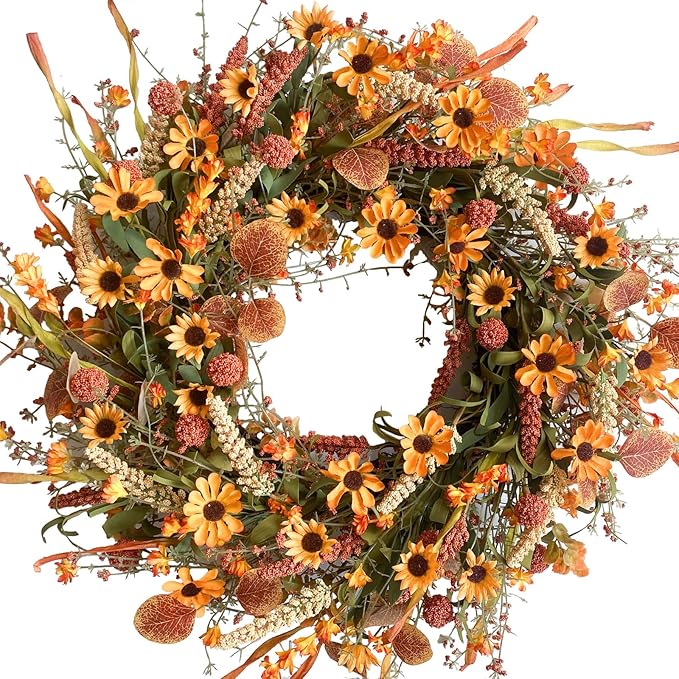 Bibelot Fall Front Door Wreath, 22" Artificial Floral with Colorful Daisies and Autumn Foliage - Orange for Wall, Window and Thanksgiving Decor-Ruum Studio Home