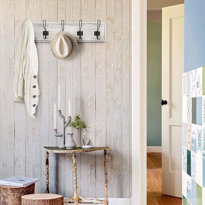 HBCY Creations Rustic Coat Rack - Wall Mounted Whitewash 24" Entryway Coat Hooks - 5 Rustic Hooks, Solid Pine Wood. Perfect Touch for Your Entryway, Kitchen, Bathroom... (Whitewash)-Ruum Studio Home