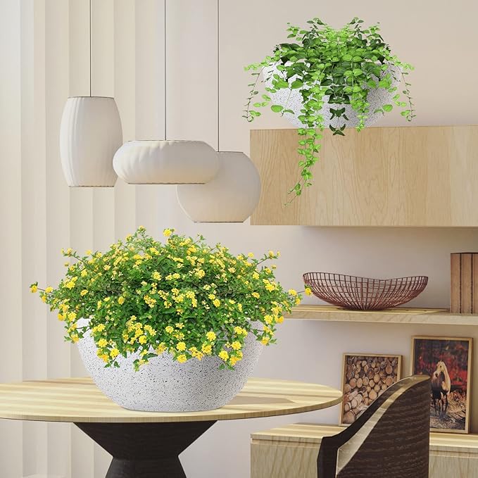 WOUSIWER 13 inch 2Pack Large Hanging Planters for Outdoor Indoor Plants with Drainage Holes and Chain, Round Hanging Flower Pots for Garden Home Porch Decor, White Speckles-Ruum Studio Home