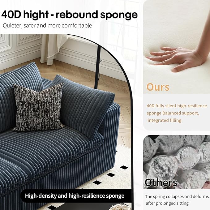 LoveSeat Cloud Couch Modular Sectional Sofa for Living Room,Modern Sofa with Deep Seat，2 Seater Boneless Couch,Comfy Upholstered Corduroy Couches for Apartment, Studio, Office,Bedroom，Blue-Ruum Studio Home