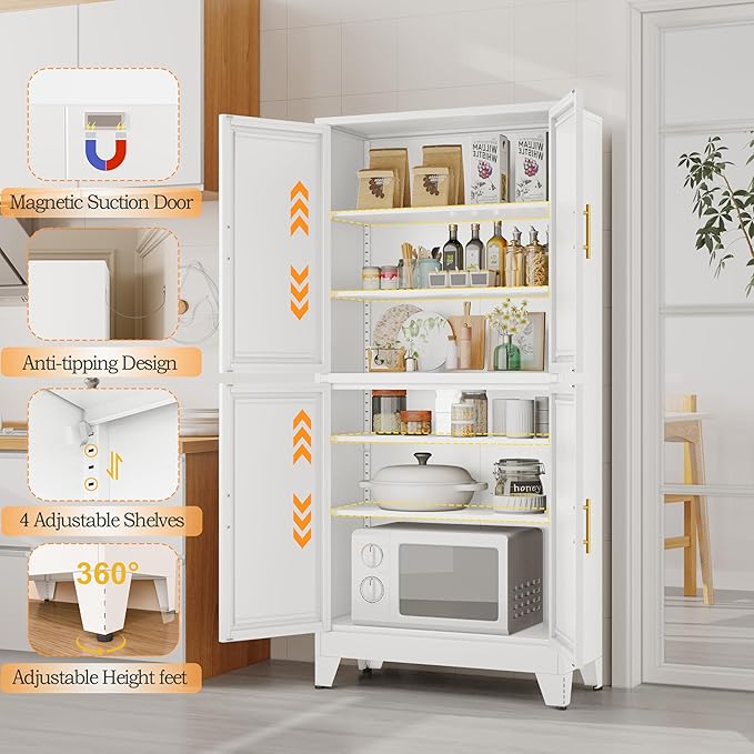 75.2" Tall Metal Pantry Cabinet, Kitchen Pantry Storage Cabinets with 4 Door and 4 Adjustable Shelves, White Storage Cabinet, Freestanding Cupboard for Kitchen Dining Room Living Room Bathroom-Ruum Studio Home