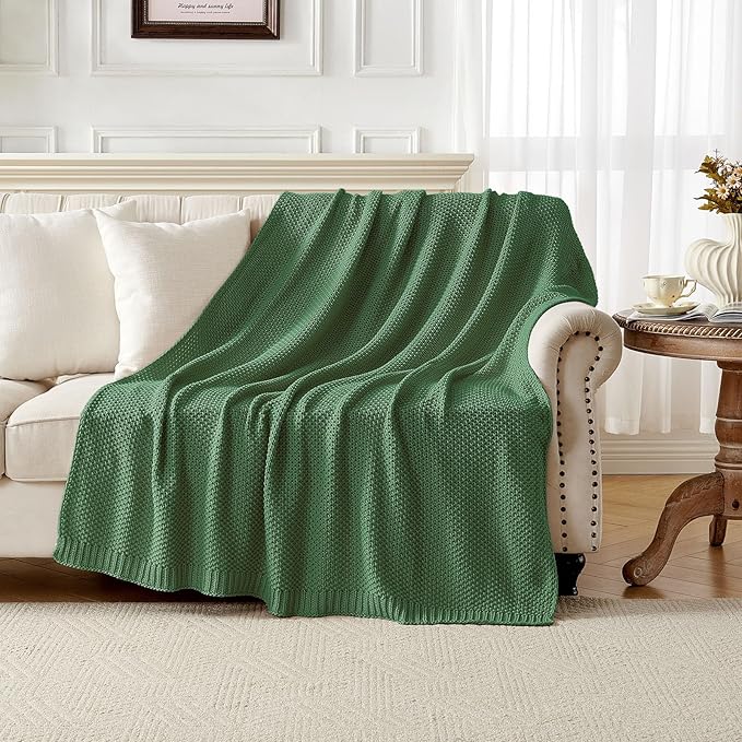 Joydeco Chunky Cable Knit Throw Blanket, Lightweight 100% Cotton Soft Cozy Throw Twin Blanket for Couch Bed and Sofa, Rustic Breathable Farmhouse Blanket Gift for Women Men(Olive Green, 51"x63")-Ruum Studio Home