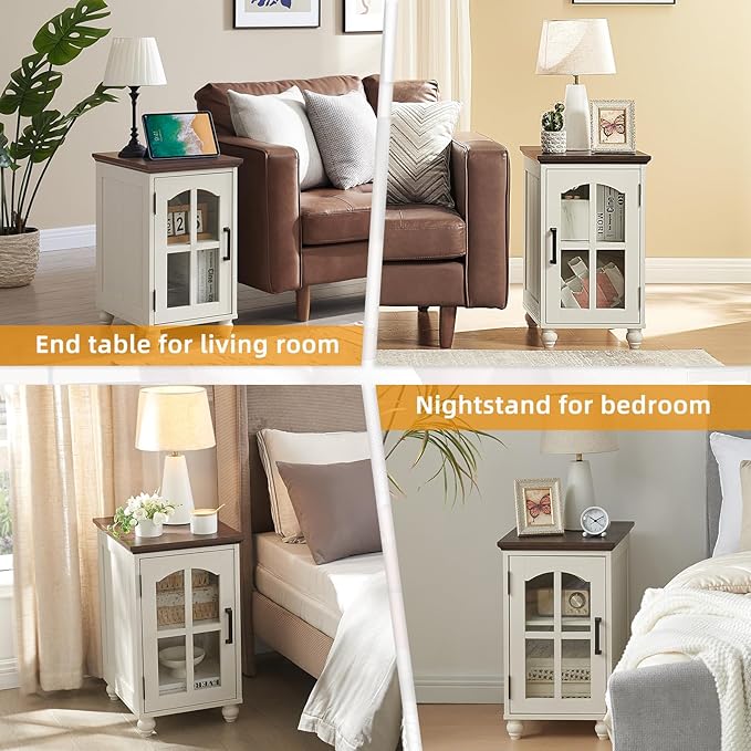 Narrow Side Table Set of 2,White Nightstand with Charging Station,End Table with Glass Barn Door Storage, Cabinet Organizer with Adjustable Shelf, Night Stand for Small Spaces Living Room Bedroom-Ruum Studio Home