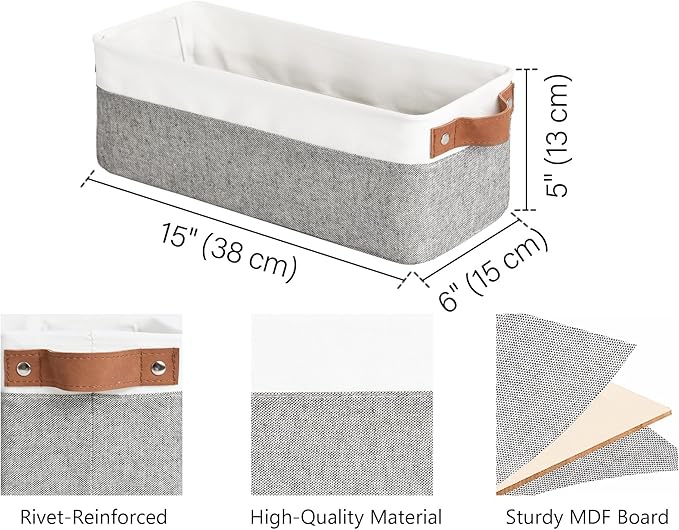 StorageWorks Narrow Storage Bins, Small Basket for Closet and Shelves, Fabric Organizer with Handles, Toilet Paper Storage, Grey and White, 2-Pack-Ruum Studio Home