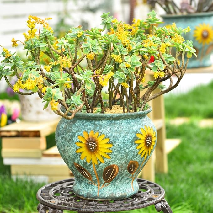 Sungmor Ceramic Hand Painted Succulent Flower Pots, 9 Inch Large Pottery Pots for Indoor Outdoor Plants, Decorative Ceramic Vase for Flower Arrangement Home Decor, Vintage Centerpieces Flowerpot-Ruum Studio Home