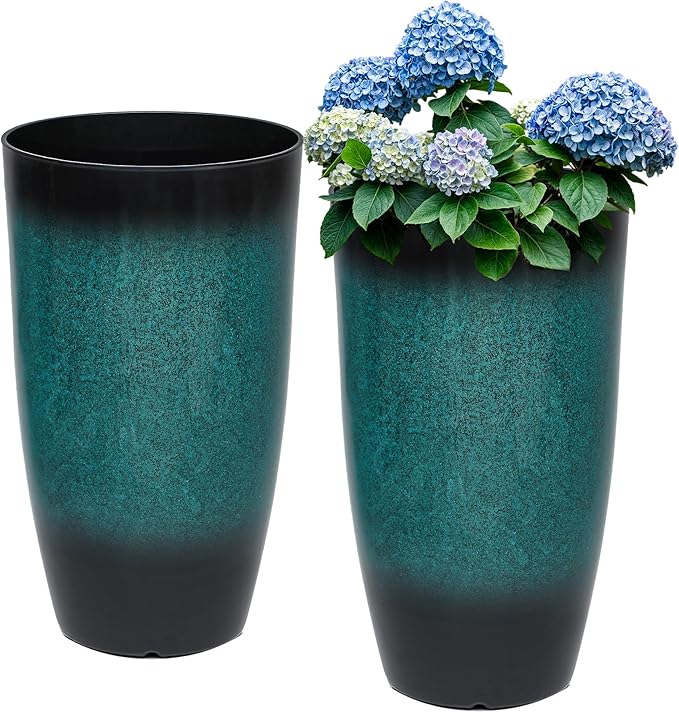 Tall Outdoor Planters, Set of 2 Large Flower Pots for Outdoor Plants, with Gradient Turquoise Finish, Weather-Resistant for Porch, Garden, Patio-Ruum Studio Home