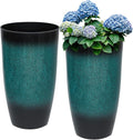Tall Outdoor Planters, Set of 2 Large Flower Pots for Outdoor Plants, with Gradient Turquoise Finish, Weather-Resistant for Porch, Garden, Patio-Ruum Studio Home
