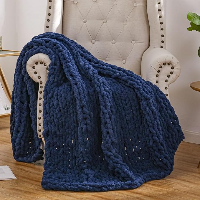 WESHIONGOO Chunky Knit Blanket Throw 50"×60" Knitted Throw Blankets for Couch Bed Fluffy Soft Blanket with Jumbo Chenille Yarn Thick 100% Handmade (Navy Blue)-Ruum Studio Home