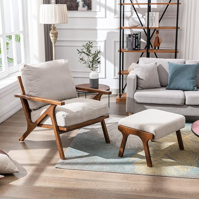 Wahson Set of 2 Mid Century Chair, Upholstered Accent Armchairs, with Wood Frame and Canvas Cushions, Leisure Slipper Chair for Living Room/Bedroom, Beige-Ruum Studio Home