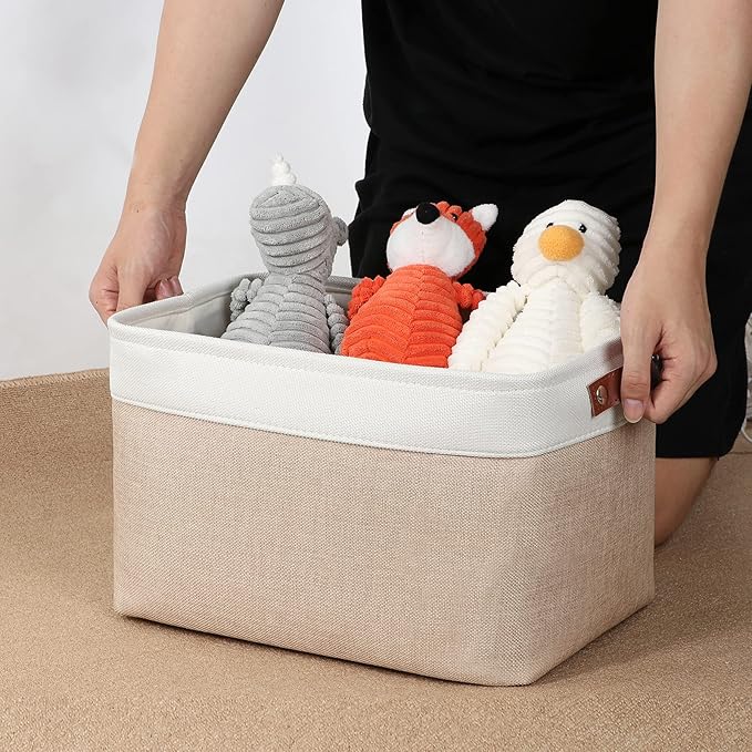 DULLEMELO Fabric Storage Bins, Storage Baskets for Organizing, Collapsible Rectangular Fabric Baskets for Shelves, Empty Gift Baskets (3-Pack Medium-15 inch X 11 inch X 9.5 inch , White&Khaki)-Ruum Studio Home