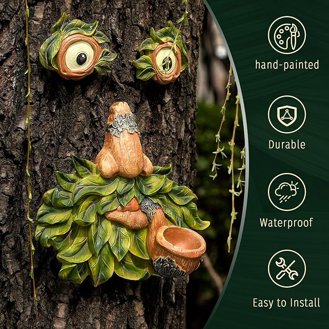 Tree Face Decor Outdoor,Whimsical Outdoor Art with Bird Feeder,Tree Hugger Bark Ghost Face Decoration Funny Yard Art,Garden Creative Decoration (8 INCH)-Ruum Studio Home