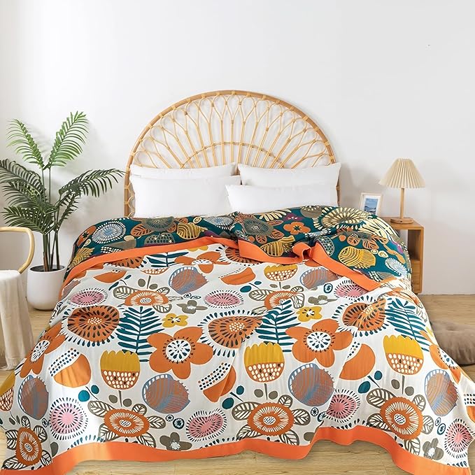 Boho Throw Blanket for Bed - 100% Pure Cotton Ultra Soft Rustic Quilt - Farmhouse Decor Bed Blankets, All Season Rustic Throw for Sofa Couch Chair(80''x 90'', Floral Print 2)-Ruum Studio Home