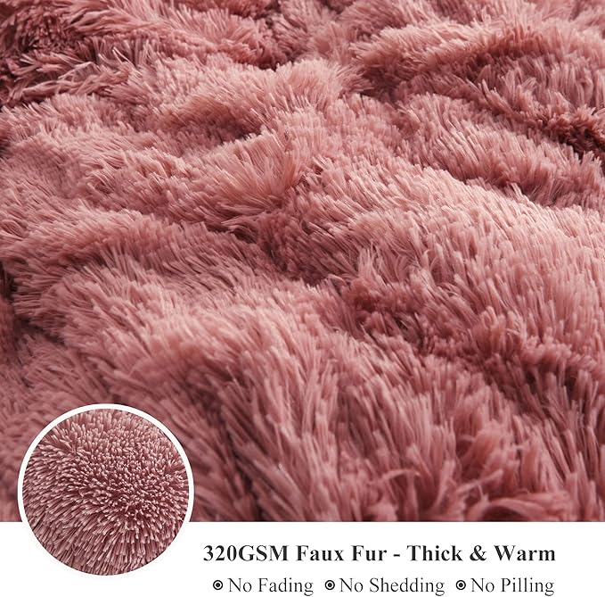 XeGe Plush Faux Fur Throw, Dusty Pink Luxurious 50x60 Shaggy Furry Blanket, Fluffy Microfiber Velvet Couch Throw, Ultra Soft Warm Fuzzy Lap Blanket for Sofa Bed Chair Car Office, Dusty Pink-Ruum Studio Home