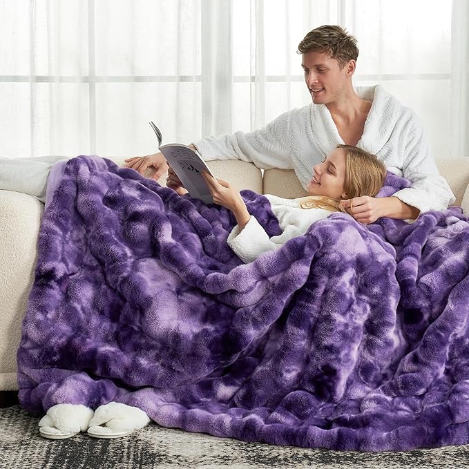 Cozy Bliss Faux Fur Throw Blanket for Couch, Fuzzy Soft Plush Thick Bubble Blanket for Sofa Bedroom Living Room, 50 * 60 Inches Tie-dye Purple-Ruum Studio Home