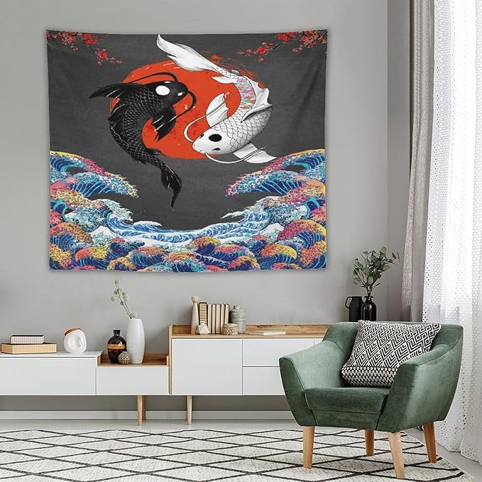 Houselerax Japanese Koi Fish Tapestries, Yin Yang Big Wave Cherry Blossom Tapestry Wall Hanging for Bedroom Living Room Office Decor 60"x50"-Ruum Studio Home