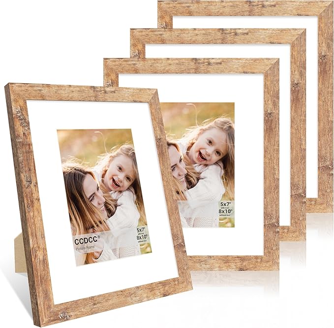 8x10 Picture Frame Set of 4, 8 x 10 Wood Photo Frames with Mat for 5x7, Natural Wooden Frame with Real Glass Cover for Wall and Tabletop Display,Brown-Ruum Studio Home