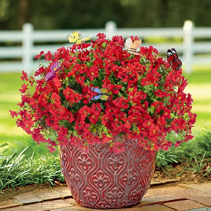 ‌20 Bundles Artificial Flowers for Outdoors‌ with 6 Faux Butterflies, UV Resistant ‌Fake Flowers‌ with Eucalyptus Leaves, ‌Artificial Plants Outdoor‌ for Patio Garden Porch Home Decor (Red)-Ruum Studio Home