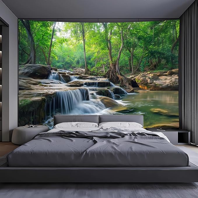 BSFHH Nature Tapestry Forest Tree Sea Cave Wall Hanging, Stream Through Rainforest Landscape Wall Art Tapestry for Bedroom Living room (Creek, 90"×70", Unframed)-Ruum Studio Home