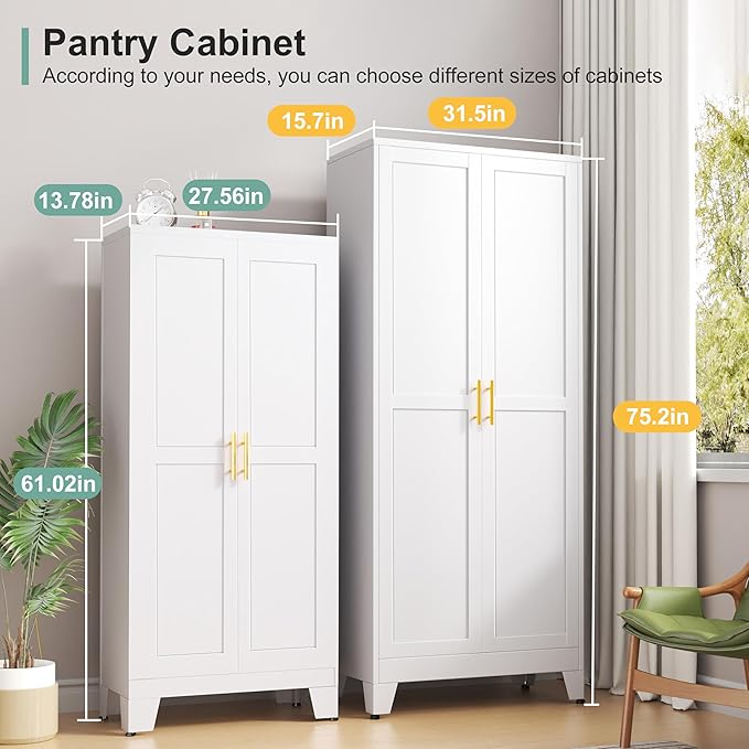 Metal Pantry Cabinet with 2 Doors and Adjustable Shelves - 61" Kitchen Storage Cabinet with Gold Handles - Versatile Storage for Kitchen, Bathroom, Dining Room, Utility Room - White-Ruum Studio Home