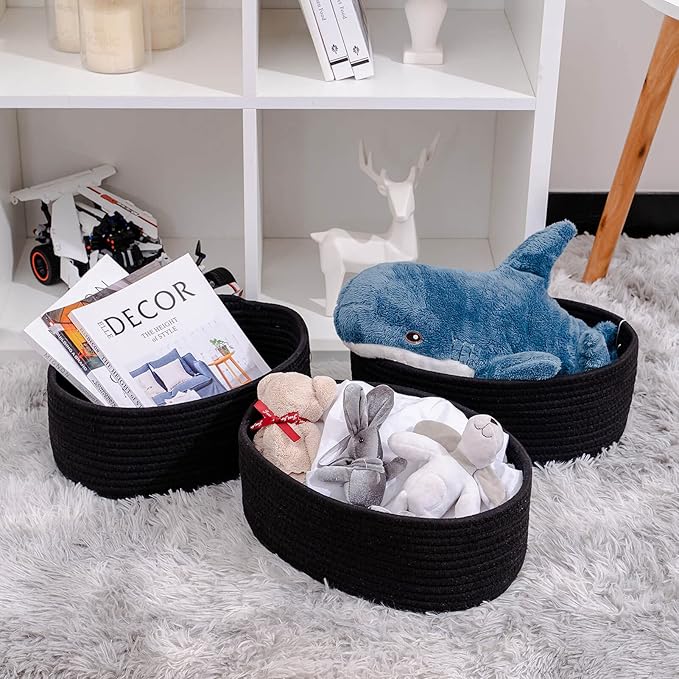 Shelf Storage Baskets for Organizing|Cute Basket for Closet&Blanket Storage|Small Woven Baskets to Store Toys,Books,etc.-13x8.66x5.11’’ Cotton Rope,Stylish,Oval 3 Packs Black-Ruum Studio Home