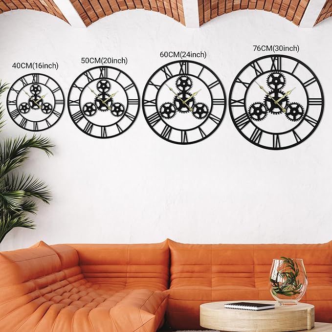 24inches/60cm Wall Clocks for Living Room Deco Non Ticking Silent Battery Operated Metal Modern Vintage Roman Numeral Oversized Gear Wall Clocks for Bedroom Kitchen Fireplace Office Farmhouse-Ruum Studio Home