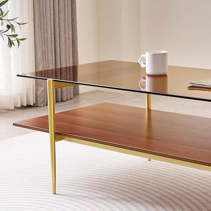 Extra Large Rectangle Glass Coffee Table, Mid-Century Modern Design for Living Room, L47 x W24 x H17, Amber Glass Top and Walnut MDF Shelf, Sleek Conical Metal Legs with Gold Finish-Ruum Studio Home