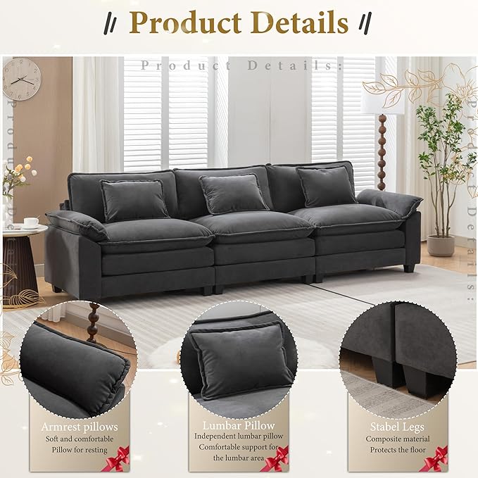 URRED Modular Sectional Sofa Comfy Cloud Couch, Modern Velvet Sofa Sleeper Deep Seat Couches with Ottoman/Pillows for Living Room (Dark Gray, 117'')-Ruum Studio Home