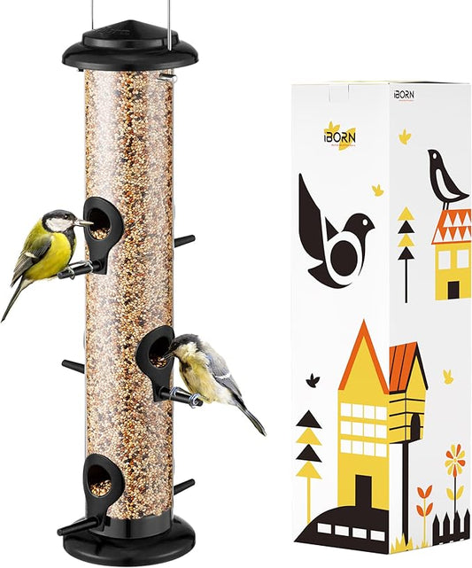 iBorn Metal Bird Feeders Black Wild Bird Feeder for Outdoors Hanging All Metal Black Finishing 14 Inch 6 Port(Seed is not Included)-Ruum Studio Home