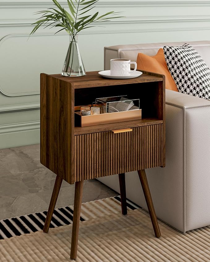 Nightstand,Modern Bedside Table with Storage Drawer and Open Wood Shelf, Accent Night Stand with Solid Wood Legs for Living Room, Bedroom and Small Spaces,Easy Assembly (Walnut Brown)-Ruum Studio Home