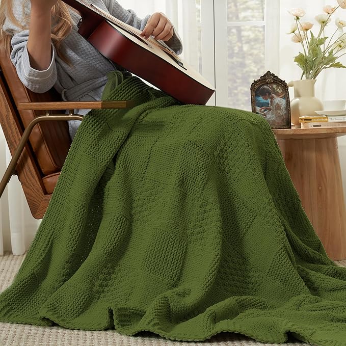 Amélie Home Chenille Knit Throw Blanket for Couch, Checkered Texture Decorative Soft Blanket for Sofa, Bed & Living Room, 50"x60", Olive Green-Ruum Studio Home