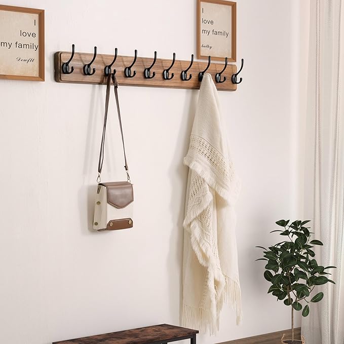 Dseap Wall Mounted Coat Rack: 38-1/4" Long, Patented, Heavy-Duty, 10-Double-Hooks Wooden Hanger Rail for Winter Coats, Hat, Jacket, Clothing - Natural & Black-Ruum Studio Home