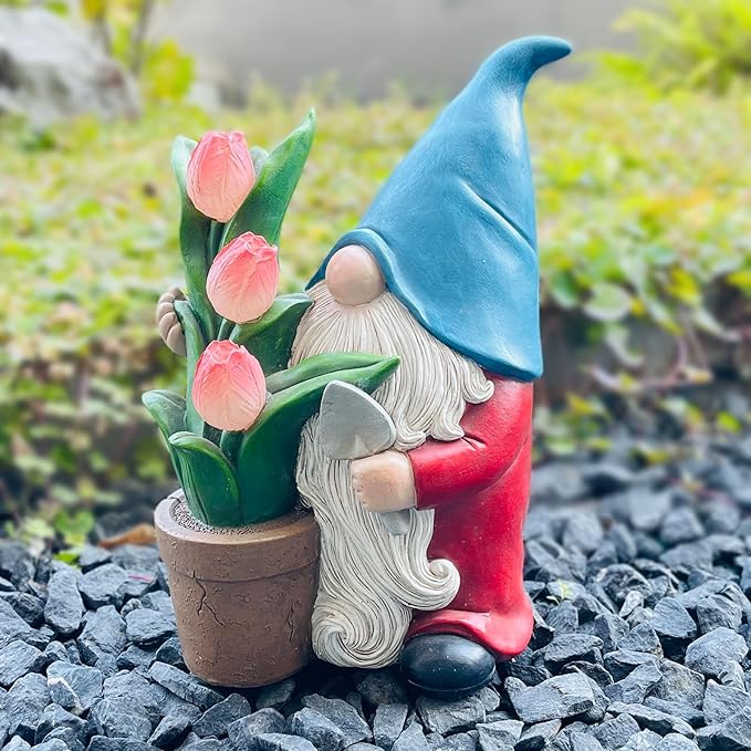 COWOS Garden Gnome Statue, Sculpture of a Dwarf Holding a Shovel and a Flower Pot, Solar Gnome Statues Outdoor Decor, Outside Lawn Patio Yard Ornament Gifts-Ruum Studio Home