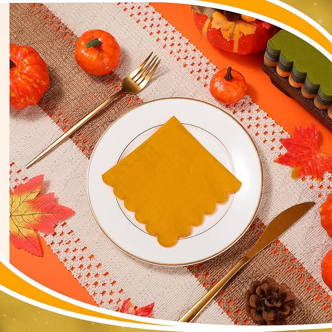 150 Pcs 5 x 5 Inches Fall Thanksgiving Paper Napkins Scalloped Cocktail Napkins Disposable Autumn Harvest Party Supplies Dessert Beverage Bathroom Table Dinner Wedding Decor-Ruum Studio Home
