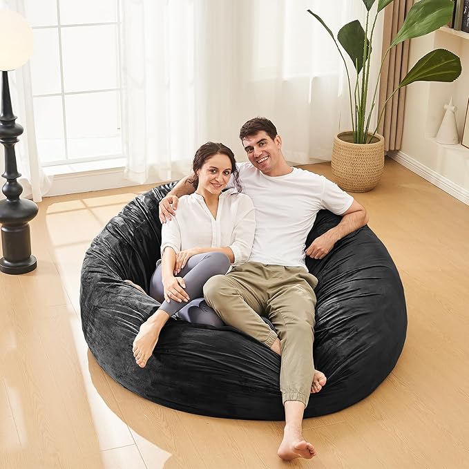 Bean Bag Chairs for Adults - Memory Foam Furniture BeanBag Chair - Kids/Teens Sofa with Soft Micro Fiber Cover - Round Fluffy Couch for Living Room Bedroom College Dorm - 5 ft, Carbon Black-Ruum Studio Home