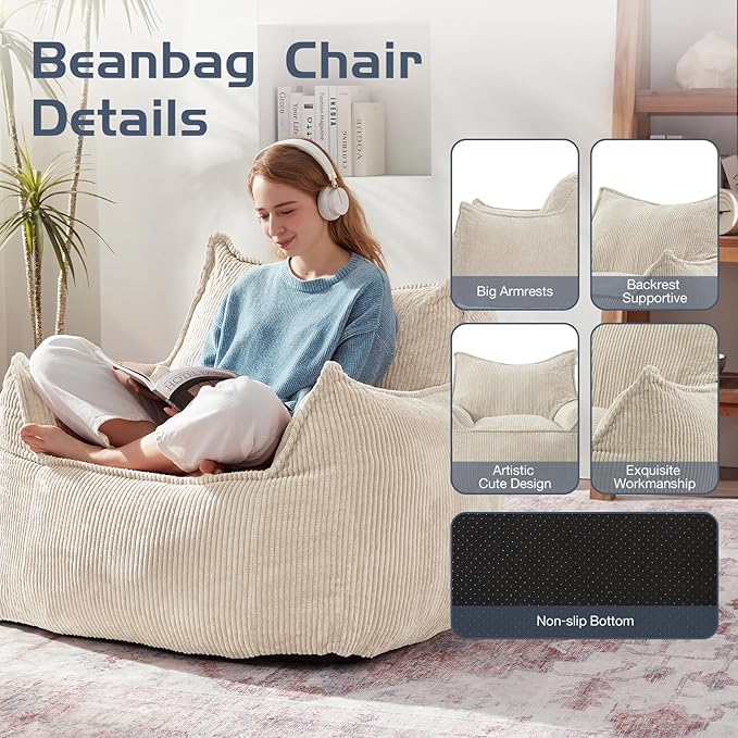 Giant Bean Bag Chair Sofa for Adults Teens, Comfy Corduroy Large Bean Bag Chairs with Armrests for Bedroom Living Room, Adult BeanBag Lazy Sofa Couch Chairs with Filler Included-Ruum Studio Home