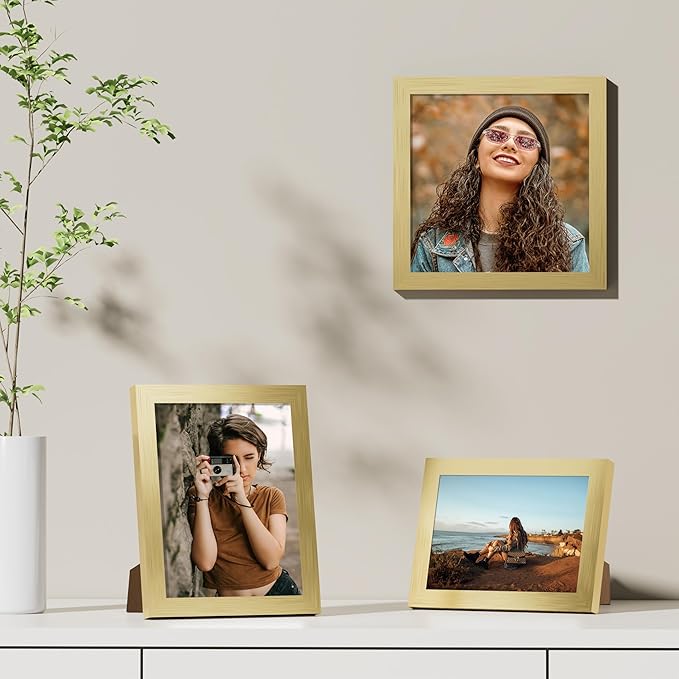 Vittanly 5x7 Picture Frames Set of 9, Shatter Resistant Plexiglass, Display 4x6 Pictures with Mat or 5x7 without Mat, Photo Frames for Wall or Tabletop, Engineered Wood, Gold-Ruum Studio Home