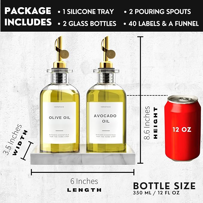 Olive Oil Dispenser Bottle For Kitchen With Silicone Tray & 40 Labels, Soy Sauce Dispenser, Coffee Syrup Dispenser, Olive Oil Bottles Set Of 2, Gold-Ruum Studio Home