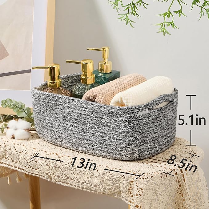 Small Storage Baskets for Organizing | Closet Organizer Bins | Shelf Toy Basket | Woven Rope Baskets | Cube Decorative Box | Shallow Basket | 13x8.5x5.1” | 3 Packs Mixed Grey-Ruum Studio Home
