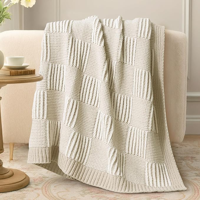 Amélie Home Chenille Knit Throw Blanket for Couch, Checkered Texture Decorative Soft Blanket for Sofa, Bed & Living Room, 50"x60", Khaki & White-Ruum Studio Home