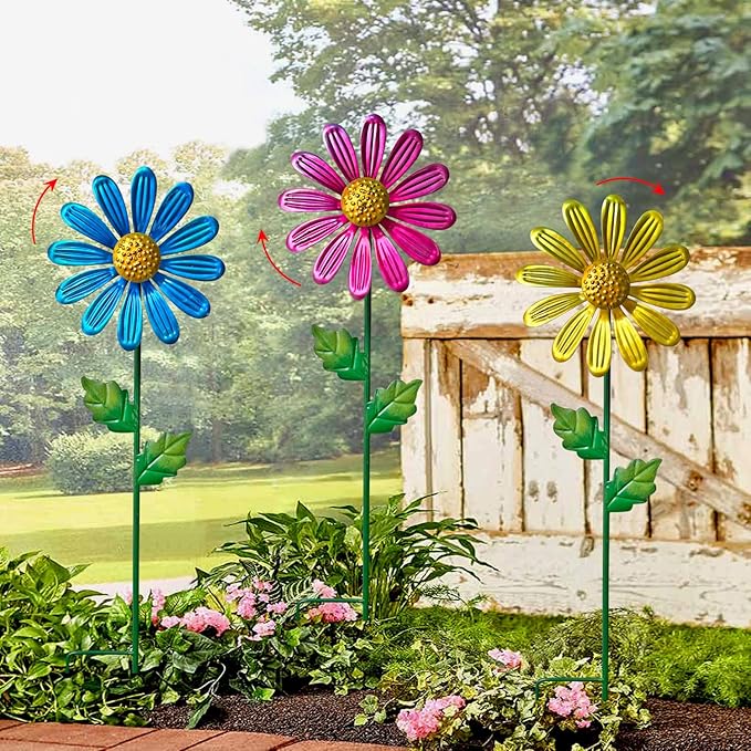 WAIU Metal Daisy Garden Stakes, Wind Catcher Spinner Garden Stakes, Garden Windmill Stakes Outdoor Wind Catchers, Yard Decor Stakes, Set of 3…-Ruum Studio Home
