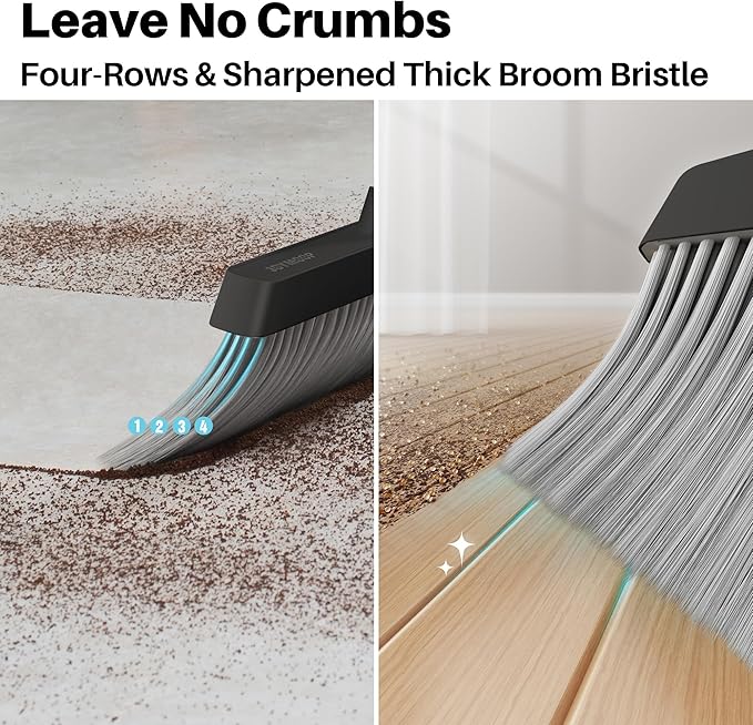 JOYMOOP 2 Pack Broom and Dustpan Set, Black and White Combo, Upright Angle with Built-in Comb Teeth for Pet Hair and Hard Floors-Ruum Studio Home
