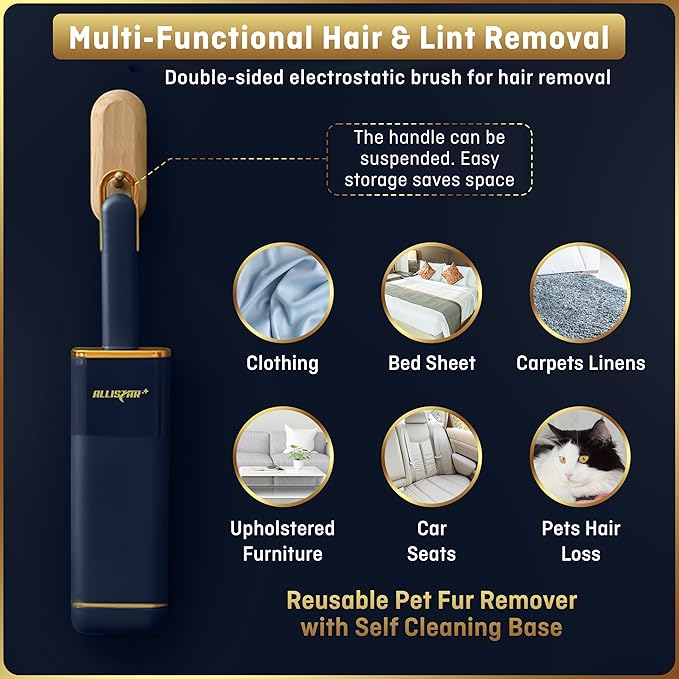Lint Brush, Lint Remover, and Pet Hair Remover for Laundry, Clothes, Couches, Car Seats, Furniture and Fabric. Reusable Dog and Cat Fur Wizard Hair Removal Brush. ALLISTAR (Midnight Blue)-Ruum Studio Home